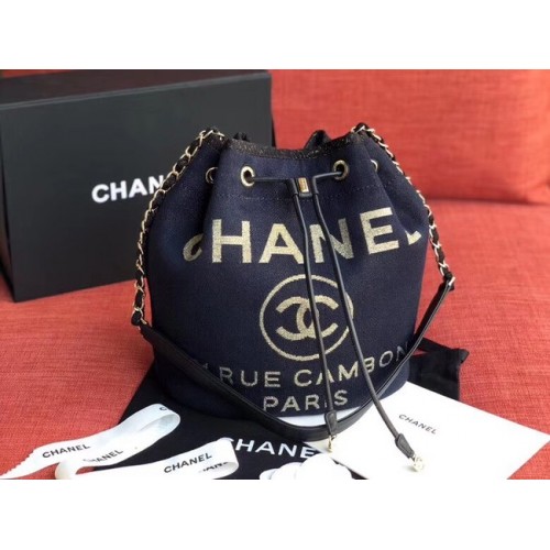 CHANEL Tweed Calfskin drawstring bag Gold-Tone Metal AS0455 Navy