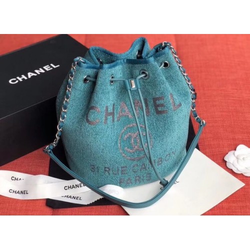 CHANEL Tweed Calfskin drawstring bag Gold-Tone Metal AS0455 blue