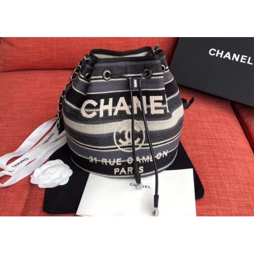 CHANEL Tweed Calfskin drawstring bag Gold-Tone Metal AS0455 grey.white.Navy