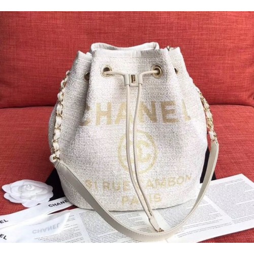 CHANEL Tweed Calfskin drawstring bag Gold-Tone Metal AS0455 white