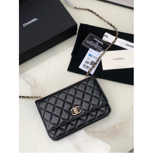 CHANEL WALLET ON CHAIN Lambskin light Gold-Tone Metal 80892 black