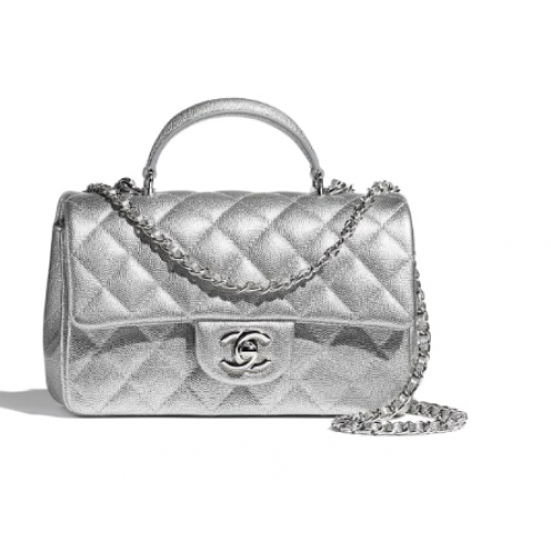 CHANEL mini flap bag with top handle AS2431 Silver