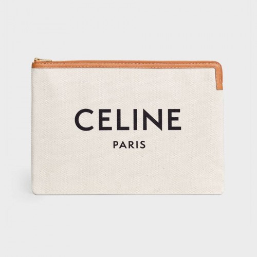 Celine CLUTCHES LARGE POUCH IN COTTON WITH CELINE PRINT AND CALFSKIN 10B802B BROWN
