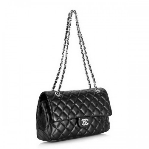 Chanel 2.55 Classic Series Flap Bag 1112 Black Leather Silver Hardware