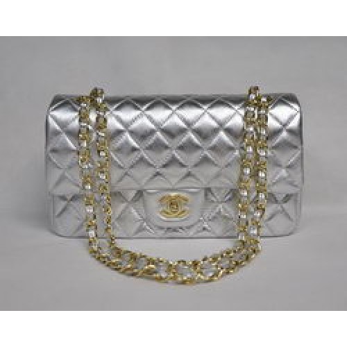 Chanel Classic Flap Bag 1112 Light Silver Leather Golden Hardware