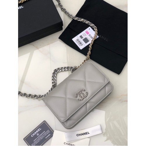 Chanel 19 Classic Sheepskin Leather Chain Wallet AP0957 light graysilver-Tone Metal