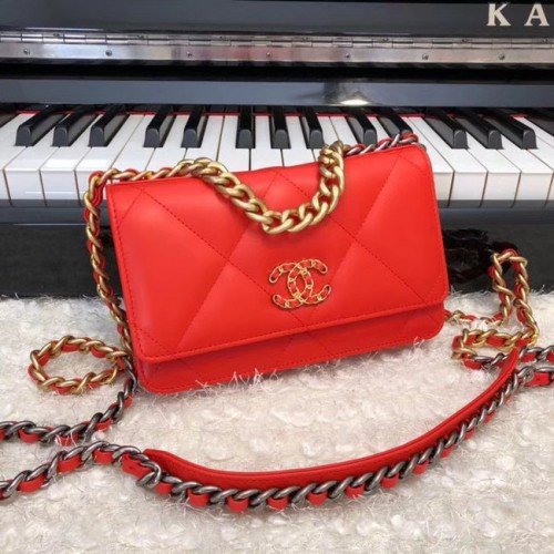 Chanel 19 Classic Sheepskin Leather Chain Wallet AP0957 orange Red Gold-Tone Metal