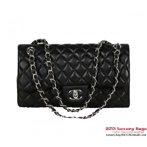 Chanel 2.55 Series Bag Black Sheepskin Leather 1112 Silver
