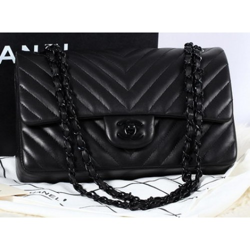 Chanel 2.55 Series Flap Bag Sheepskin Chevron Quilting A1112 Black