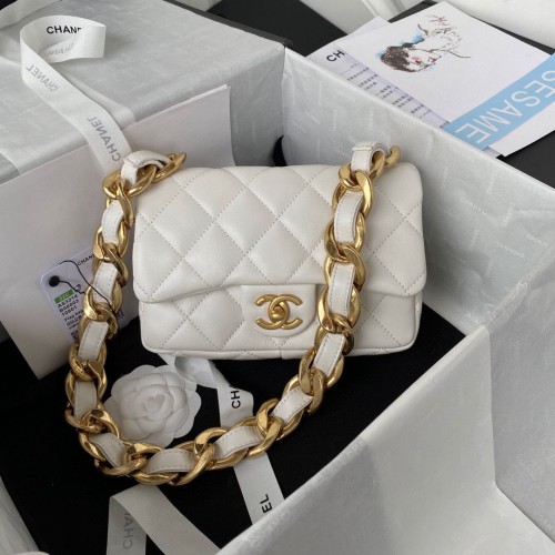 Chanel 2022SS Small Flap Bag Lambskin Gold-Tone Metal AS3214 White