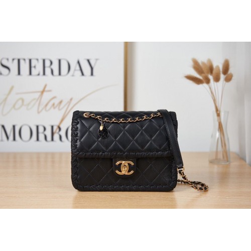 Chanel 22C New Woven Piping Square Original Leather Bag AS2496 Black