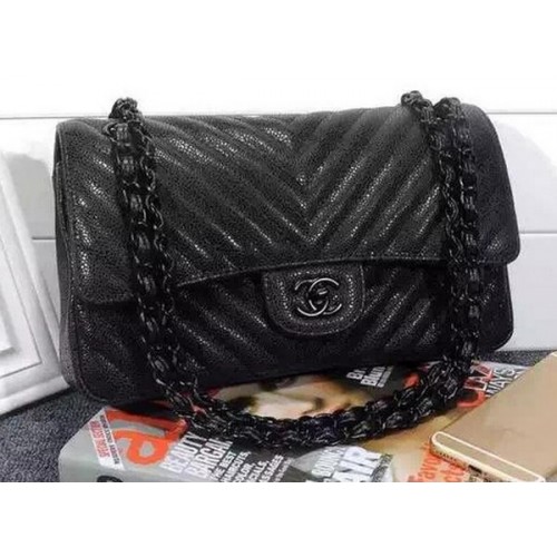 Chanel 2.55 Series Flap Bag Black Cannage Pattern Chevron Leather A1112V Black