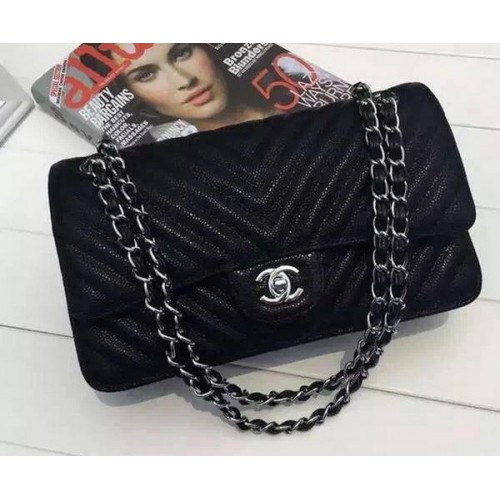 Chanel 2.55 Series Flap Bag Black Cannage Pattern Chevron Leather A1112V Silver