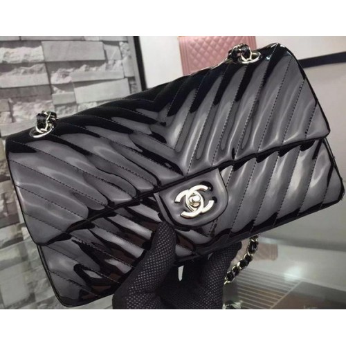Chanel 2.55 Series Flap Bag Black Patent Chevron Leather A5023 Silver