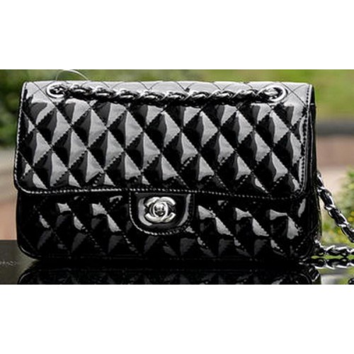Chanel 2.55 Series Flap Bag Black Patent Leather A1112 Silver