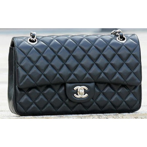 Chanel 2.55 Series Flap Bag Black Sheepskin Leather A1112 Silver