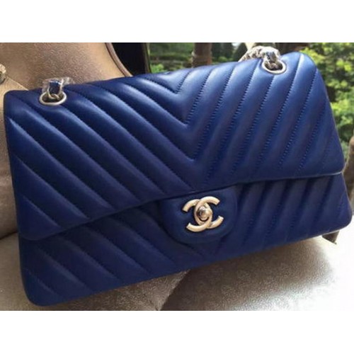Chanel 2.55 Series Flap Bag Blue Lambskin Chevron Leather A01112 Silver