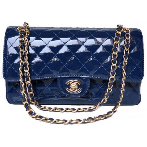 Chanel 2.55 Series Flap Bag Blue Patent Leather A1112 Gold