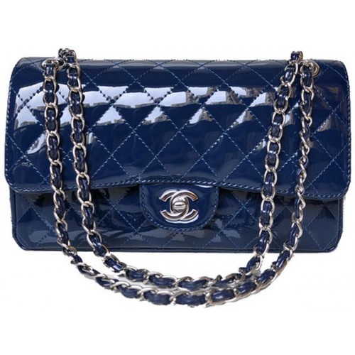 Chanel 2.55 Series Flap Bag Blue Patent Leather A1112 Silver