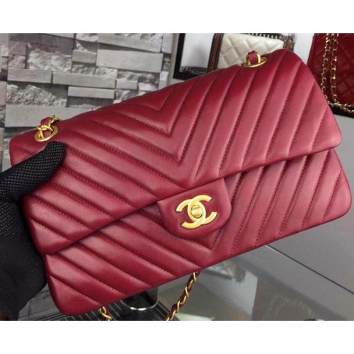 Chanel 2.55 Series Flap Bag Burgundy Lambskin Chevron Leather A5023 Gold