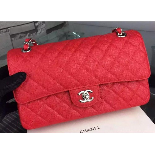 Chanel 2.55 Series Flap Bag Red Cannage Pattern Leather CF8024 Silver