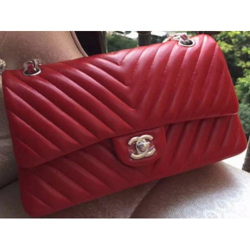 Chanel 2.55 Series Flap Bag Red Lambskin Chevron Leather A01112 Gold/Silver