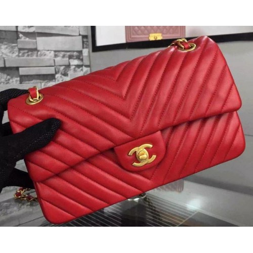 Chanel 2.55 Series Flap Bag Red Lambskin Chevron Leather A5023 Gold