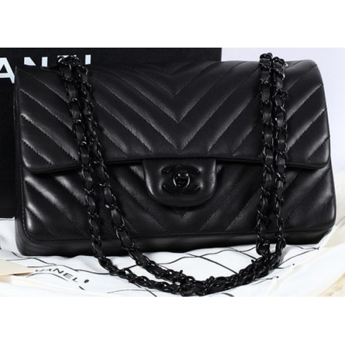 Chanel 2.55 Series Flap Bag Sheepskin Chevron Leather A1112 Black