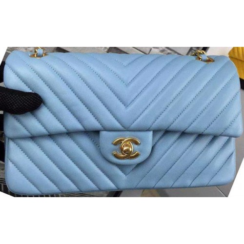 Chanel 2.55 Series Flap Bag SkyBlue Lambskin Chevron Leather A5023 Gold