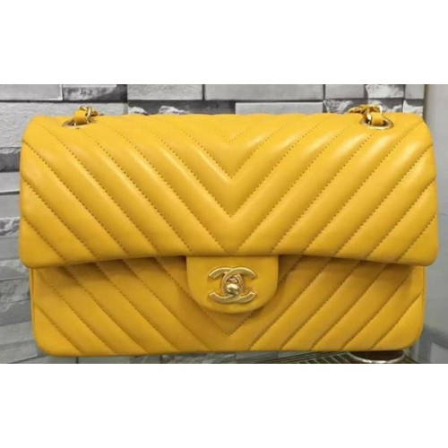 Chanel 2.55 Series Flap Bag Yellow Lambskin Chevron Leather A5023 Gold