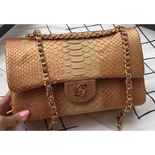 Chanel 2.55 Series Flap Bags Apricot Original Python Leather A1112SA Gold
