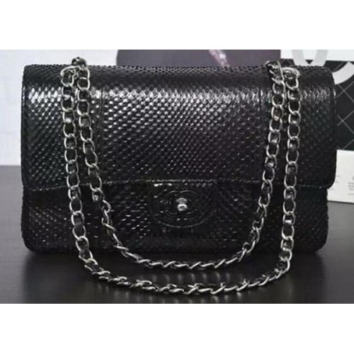 Chanel 2.55 Series Flap Bags Black Original Snake Leather A1112SA Silver