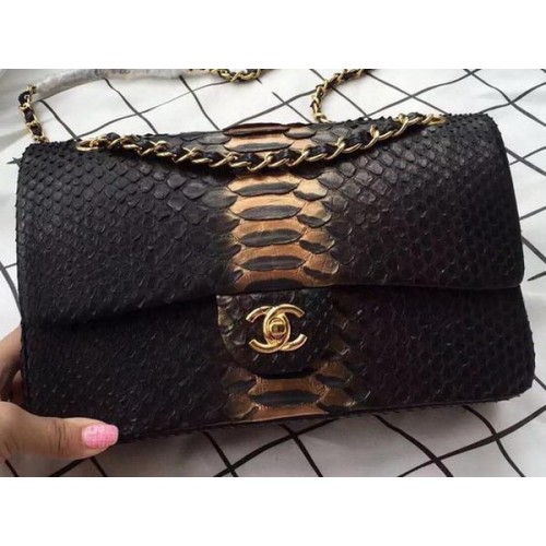 Chanel 2.55 Series Flap Bags Bronze&Black Original Python Leather A1112SA Gold