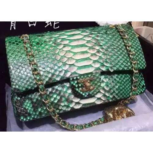 Chanel 2.55 Series Flap Bags Deep Green Original Python Leather A1112SA Gold