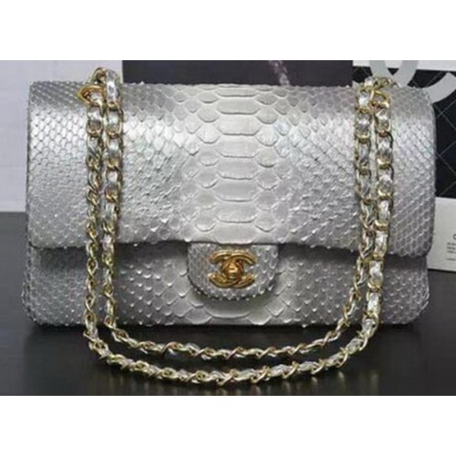 Chanel 2.55 Series Flap Bags Grey&White Original Python Leather A1112SA Gold