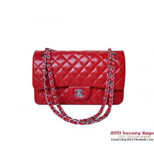 Chanel A01112 Classic Flap Bag Red Sheepskin Silver