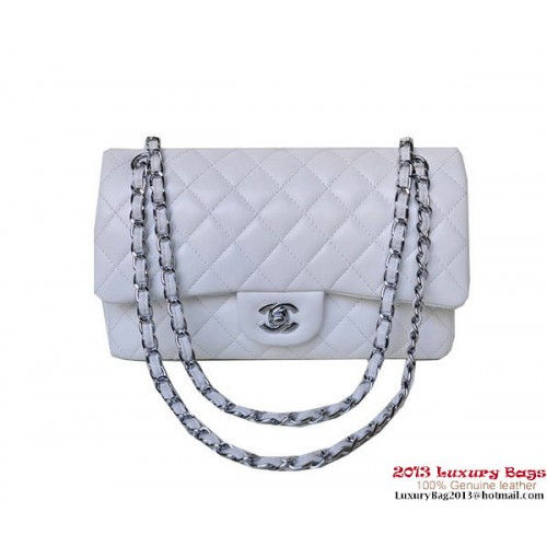 Chanel A01112 Classic Flap Bag White Sheepskin Silver