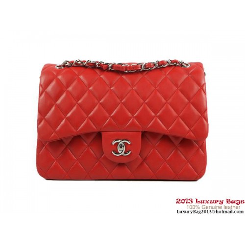 Chanel A01113 Classic Flap Bag Red Original Leather Silver