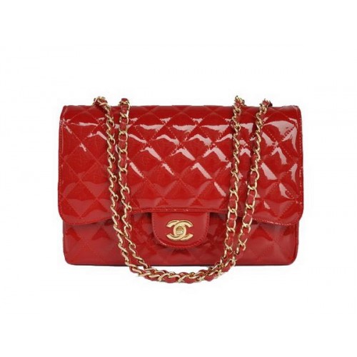 New Color Chanel A28600 Red Patent Leather Classic Flap Bag Gold