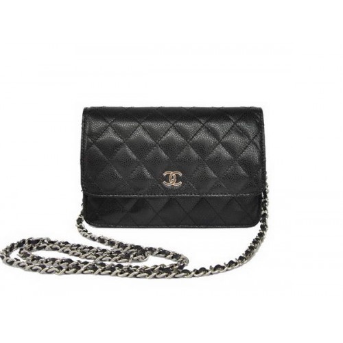 New Cheap Chanel A33814 Black Grain Leather Flap Bag Silver
