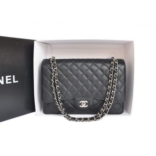 Chanel A47600 Black Original Caviar Leather Jumbo Flap Bag Silver