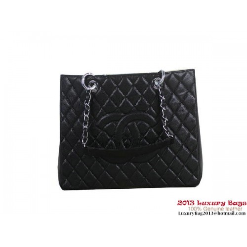 Chanel A50995 Black Original Cannage Leather Shoulder Bag Silver