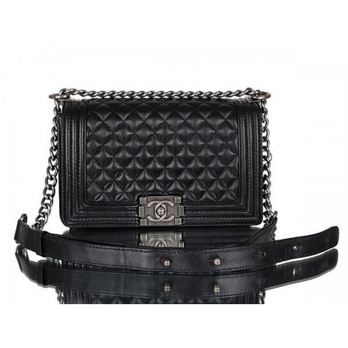Chanel A67086 Black Lambskin Leather Le Boy Flap Shoulder Bag
