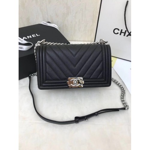 Chanel Boy Flap Caviar Original V Leather Shoulder Black Bag A67086 Silver