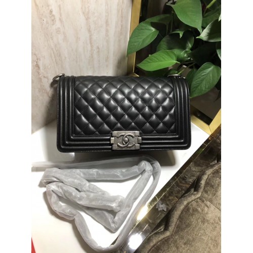 Chanel Boy Flap Original Sheepskin Leather Shoulder Black Bag A67086 Silver