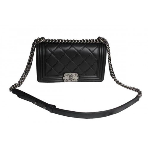 Chanel Boy Flap Shoulder Bag Black Calfskin Leather A67086 Silver