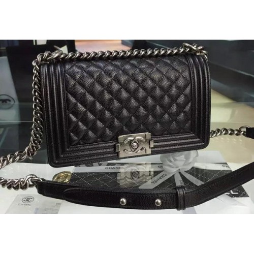 Chanel Boy Flap Shoulder Bag Black Original Calfskin Leather A8708 Silver