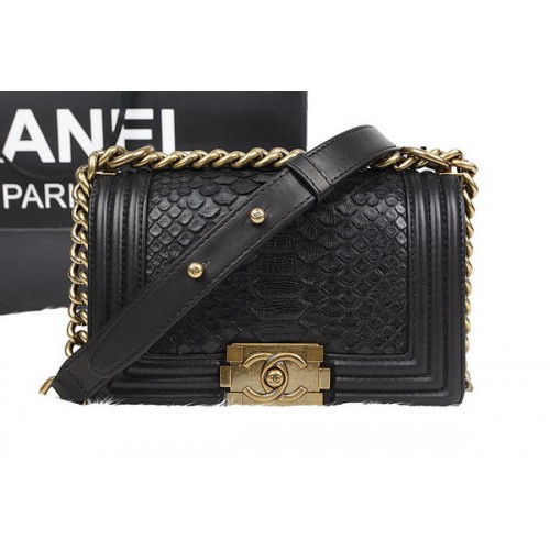 Chanel Boy Flap Shoulder Bag Black Original Python Leather A67085 Gold