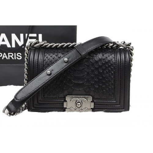 Chanel Boy Flap Shoulder Bag Black Original Python Leather A67085 Silver
