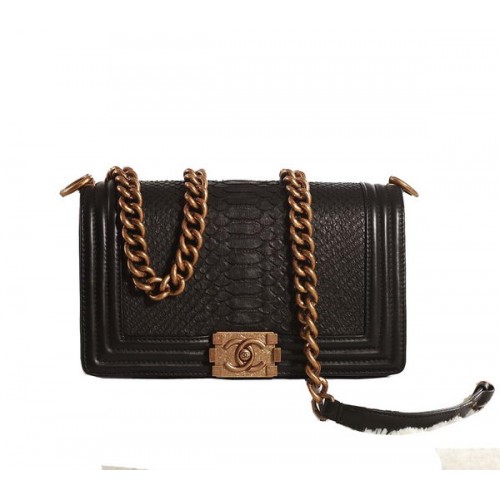 Chanel Boy Flap Shoulder Bag Black Original Snake Leather A67086 Gold
